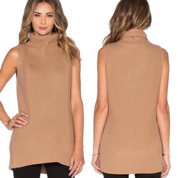 Vince M Sleeveless Ribbed Sweater 70% Wool 30% Cashmere Camel Turtleneck - Picture 1 of 7